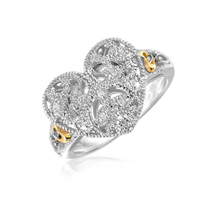 Designer Sterling Silver and 14K Yellow Gold Filigree Heart Ring with Diamonds