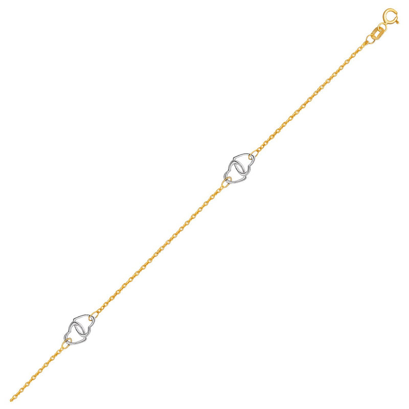 14K Two Tone Gold Entwined Heart Stationed Anklet