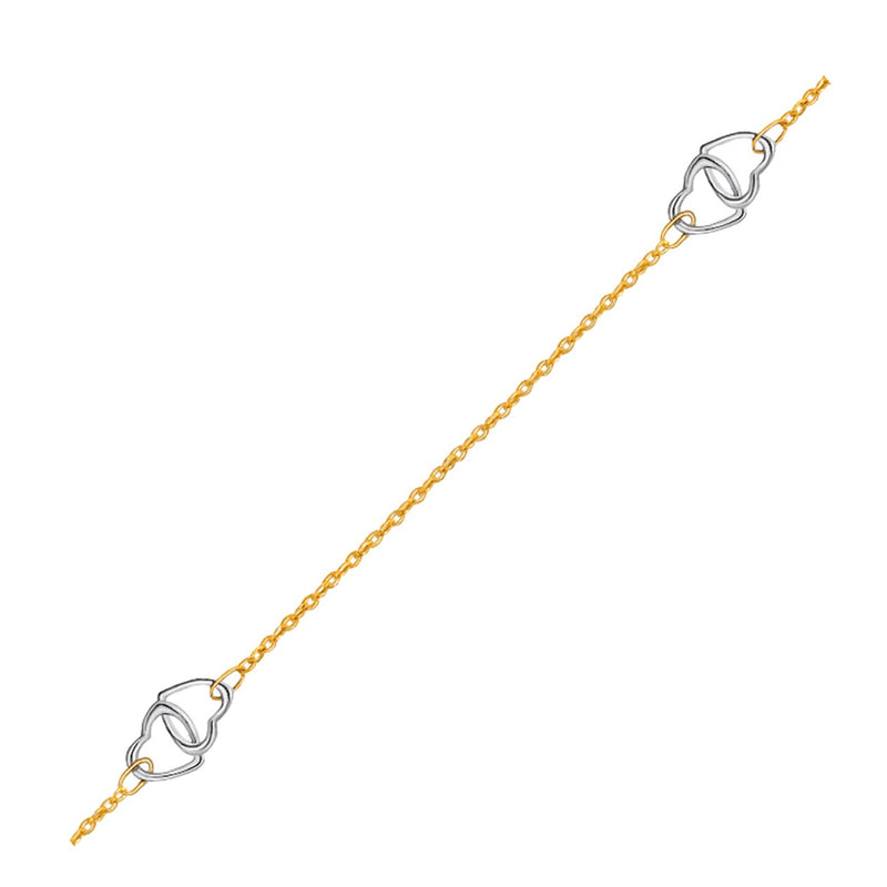 14K Two Tone Gold Entwined Heart Stationed Anklet