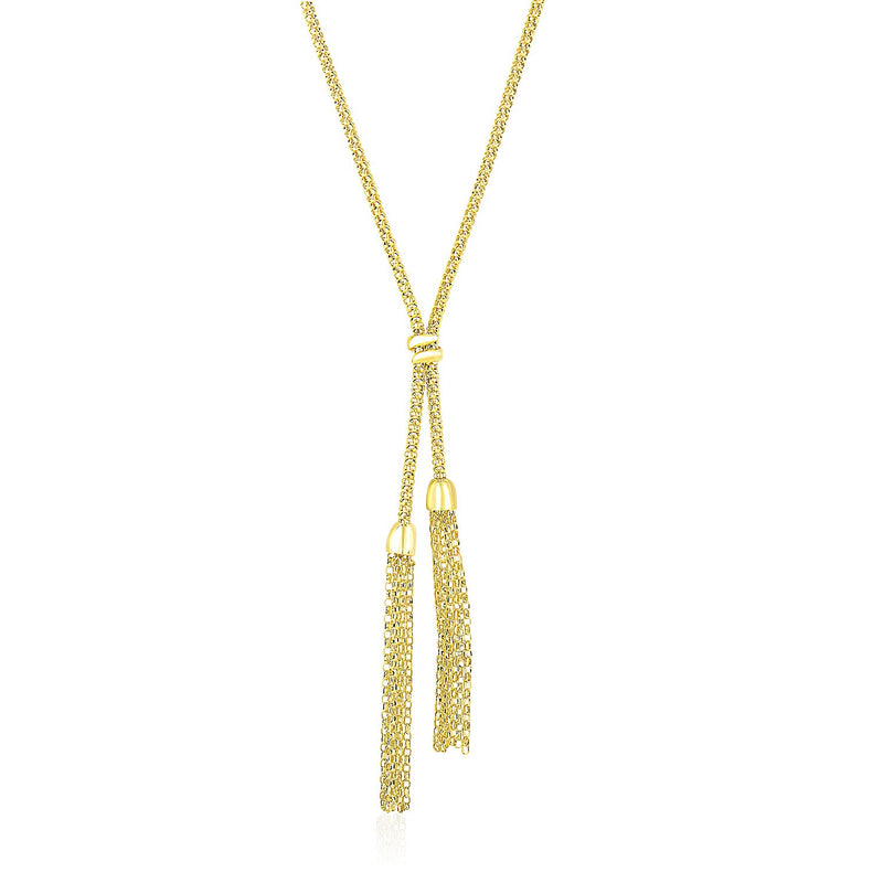 14K Yellow Gold Popcorn Chain Necklace with Lariat Design