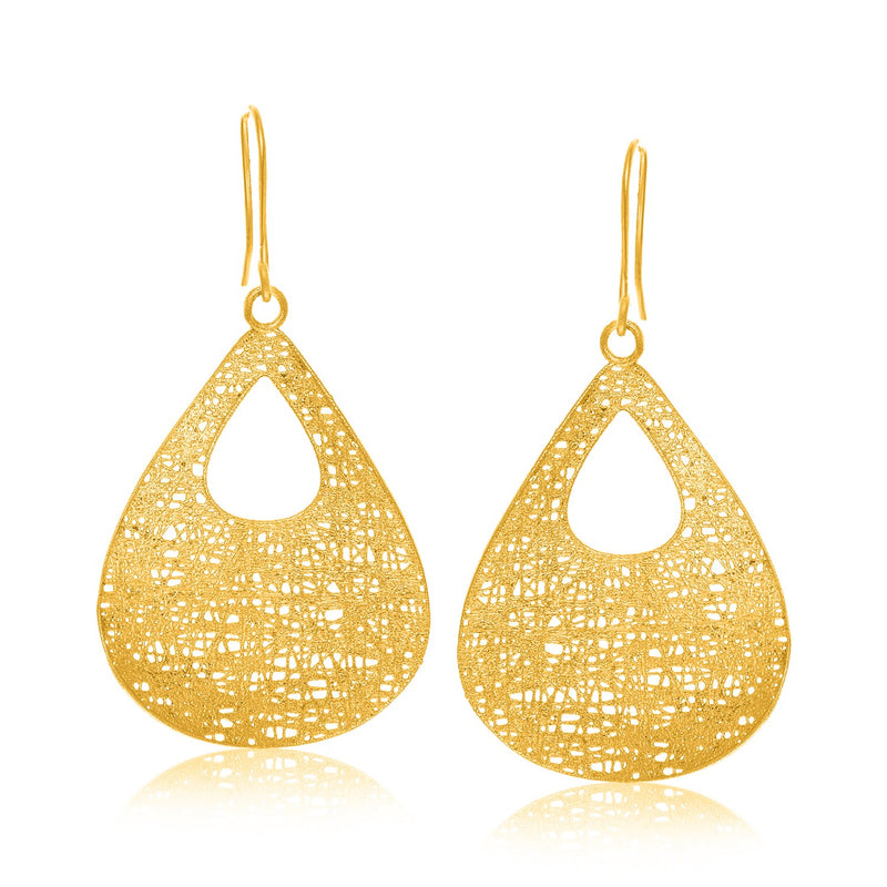 14K Yellow Gold Lace Style Open Teardrop Dangling Earrings