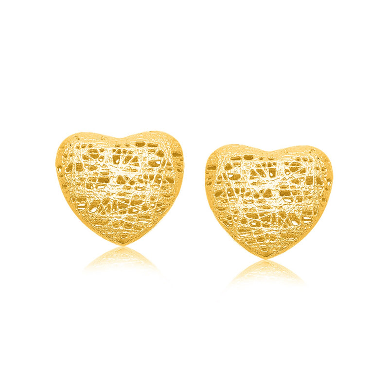 14K Yellow Gold Puffed Heart Motif Lace Stud Earrings