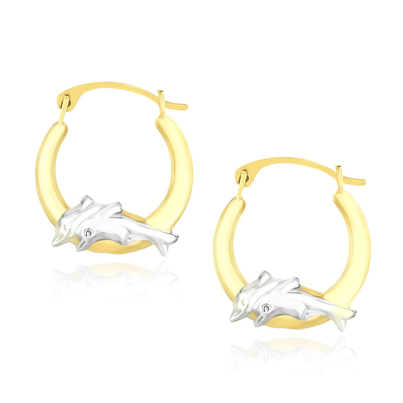 10K Two-Tone Gold Round Graduated Dolphin Design Hoop Earrings