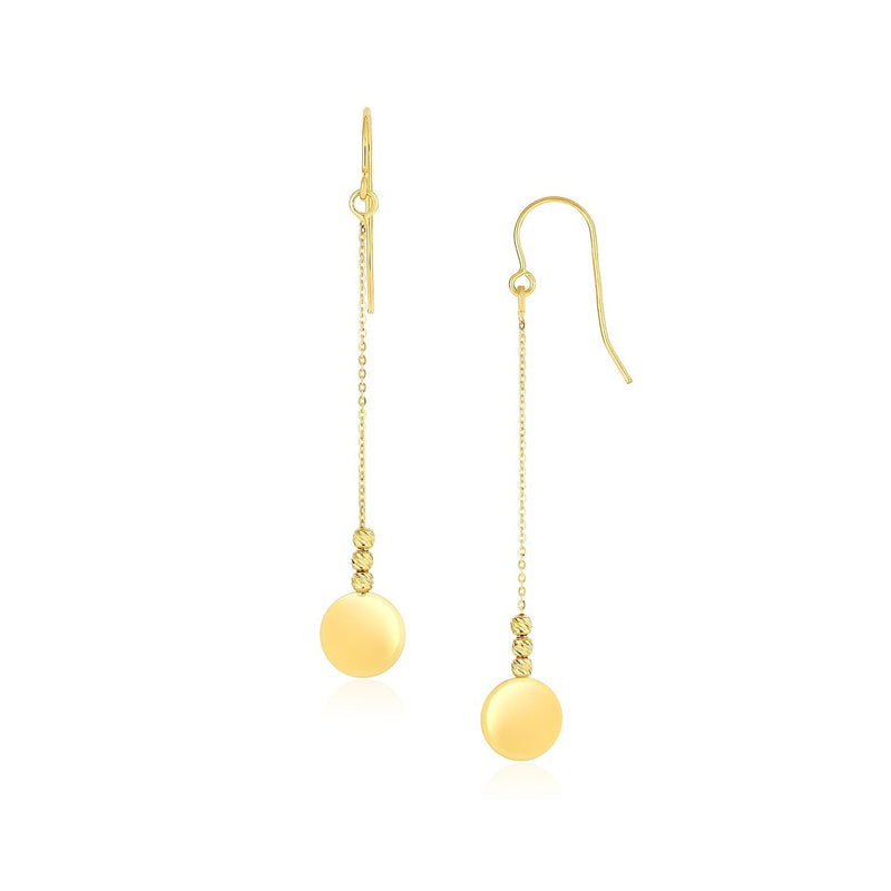 10K Yellow Gold Bead and Shiny Disc Drop Earrings