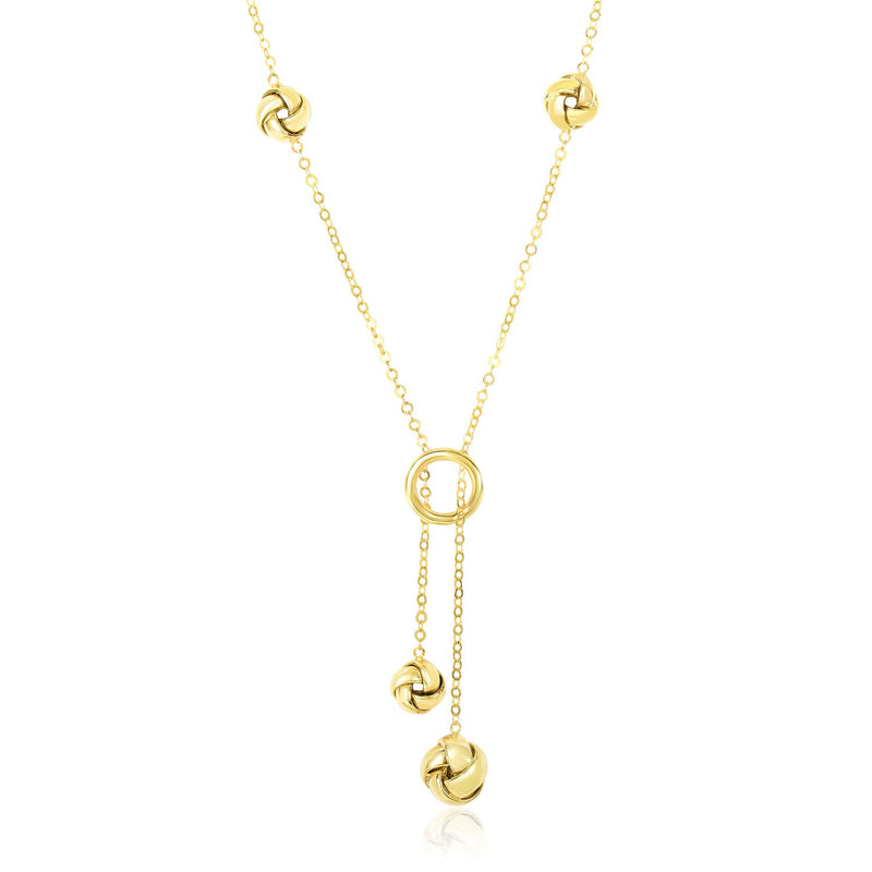 14K Yellow Gold Lariat Style Love Knot Station Chain Necklace