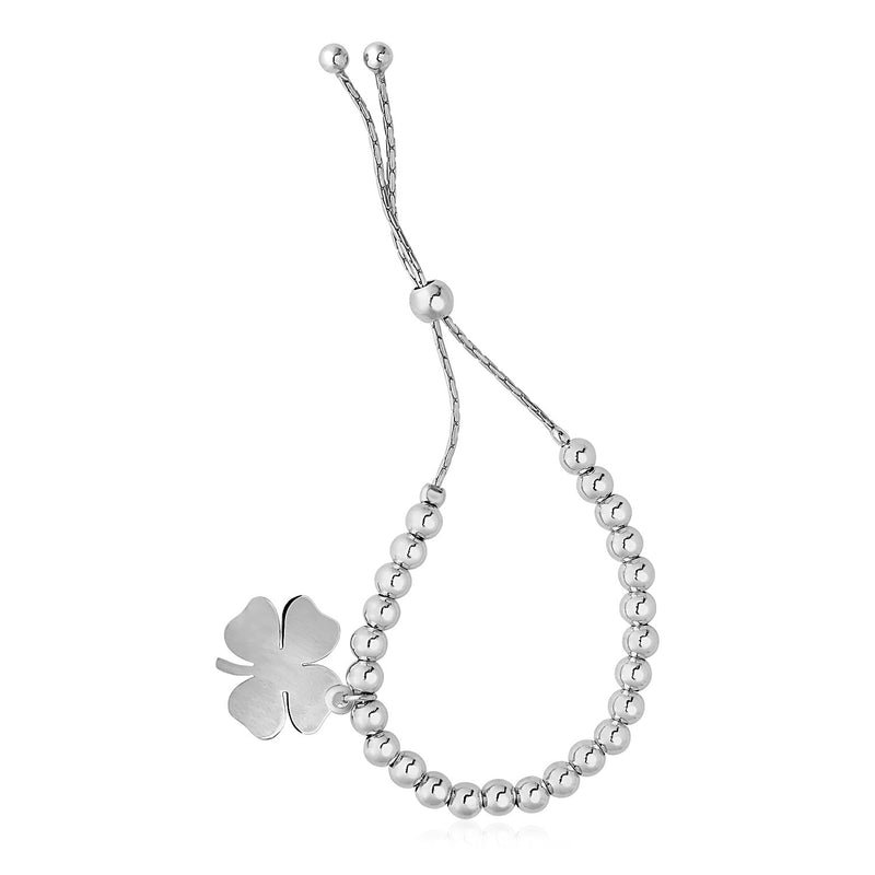 Adjustable Shiny Bead Bracelet with Four Leaf Clover Charm in Sterling Silver