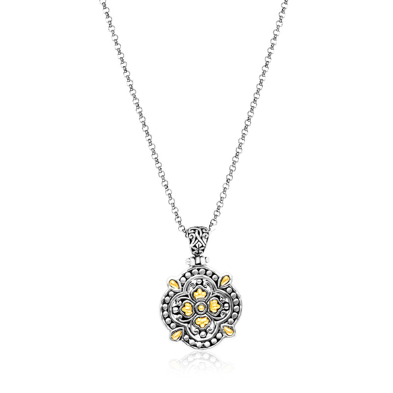 18K Yellow Gold & Sterling Silver Floral Style Byzantine Textured Pendant