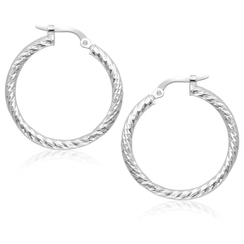 14K White Gold Tube Textured Design Hoop Earrings