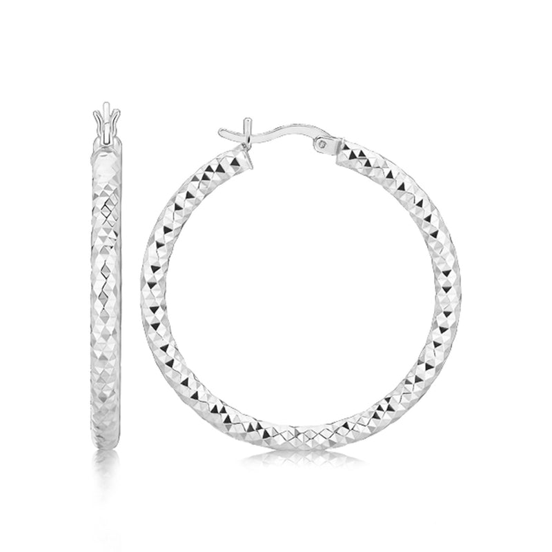 Sterling Silver Faceted Motif Large Hoop Earrings with Rhodium Plating