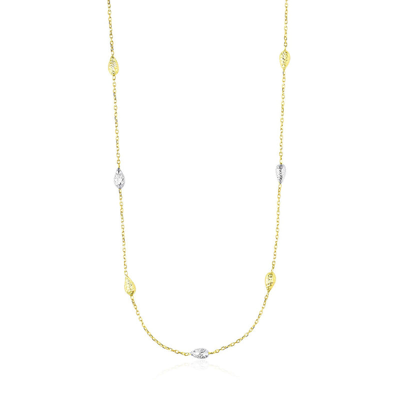 14K Two-Tone Gold Puffed Diamond Cut Teardrop Station Chain Necklace