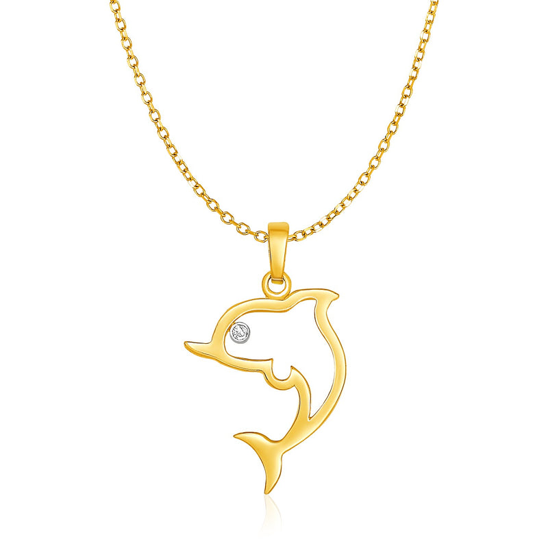 14K Yellow Gold Necklace with Gold and Diamond Open Dolphin Pendant