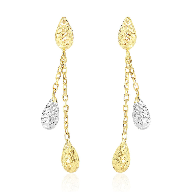 14K Two-Tone Gold Double Row Chain Earrings with Diamond Cut Teardrops