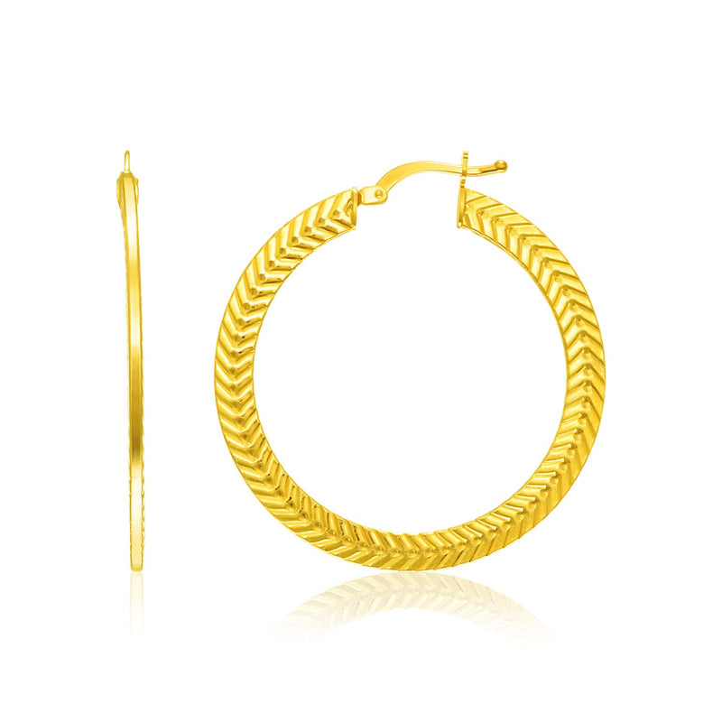 14K Yellow Gold Chevron Texture Hoop Earrings