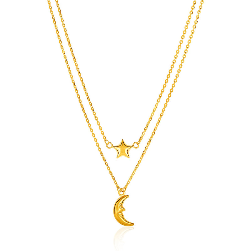 14K Yellow Gold Double-Strand Chain Necklace with Puff Moon and Star