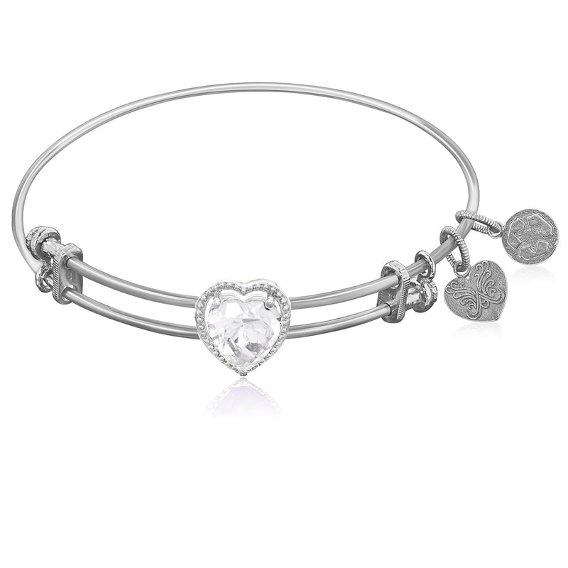 Expandable White Tone Brass Bangle with White CZ Heart Symbol