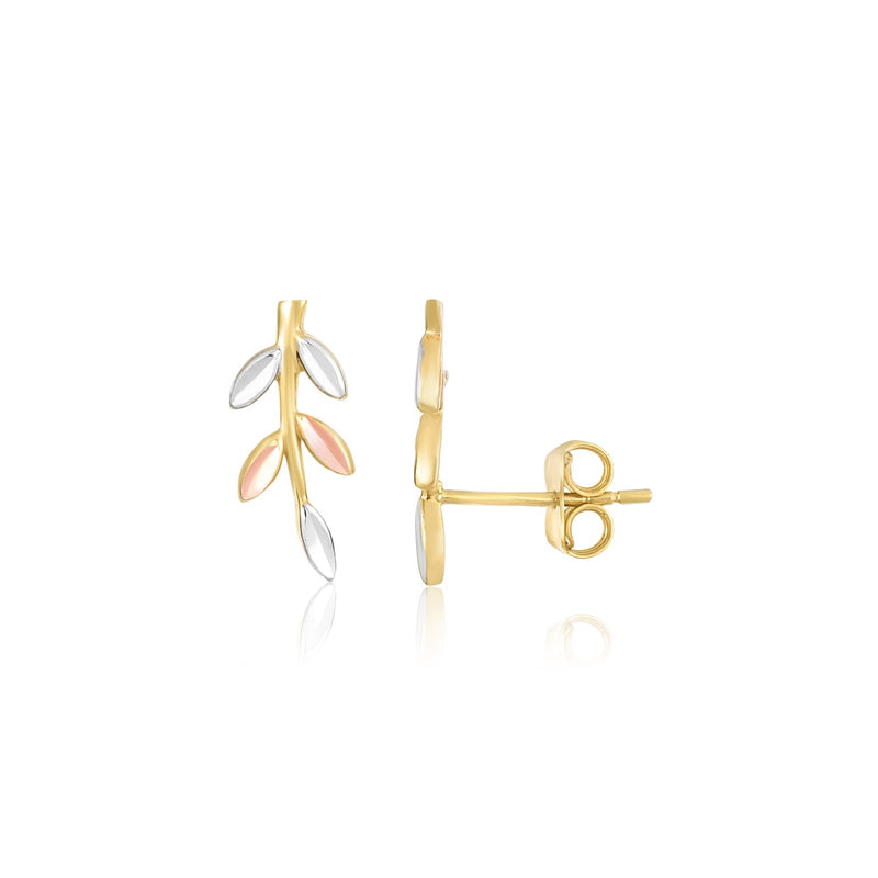 14K Tri-Color Gold Sprig Climber Style Stud Earrings