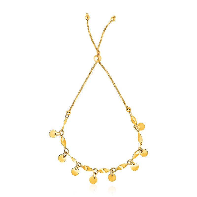 14K Yellow Gold Lariat Bracelet with Shiny Flat Disc Stations