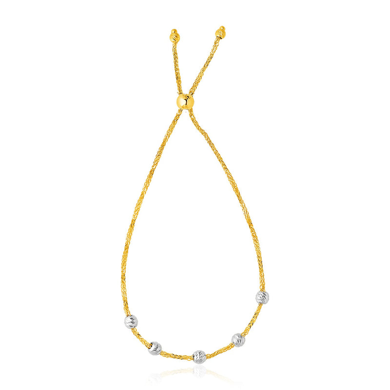 14K Two-Tone Gold Textured Round Bead Lariat Chain Bracelet