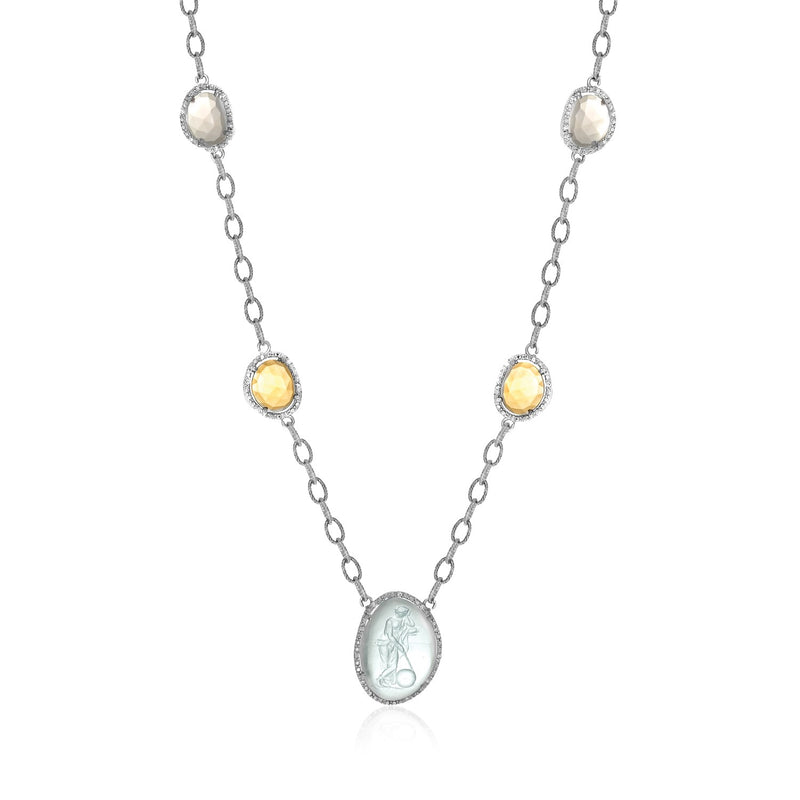 Sterling Silver Diamond Accented Glass Cameo  Quartz  and Citrine Necklace