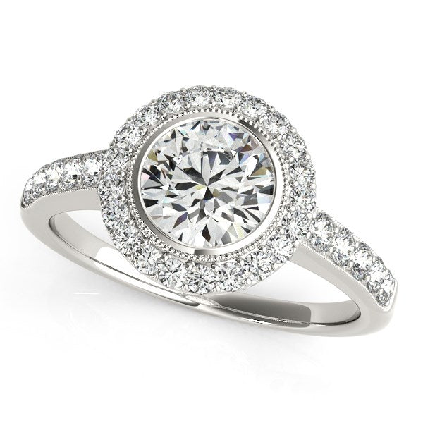 14K White Gold Pave Style Diamond Round Engagement Ring with Side Stones (1 3/8 ct. tw.)