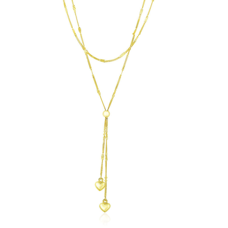 14K Yellow Gold Puffed Heart Lariat Double Strand Necklace