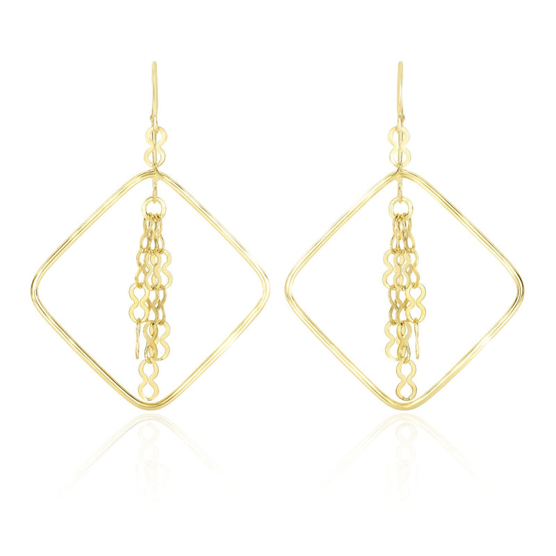 14K Yellow Gold Open Rounded Diamond Earrings with Center Dangling Chains