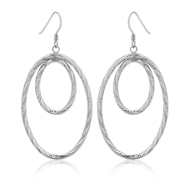 Sterling Silver Textured Dual Open Oval Drop Style Earrings