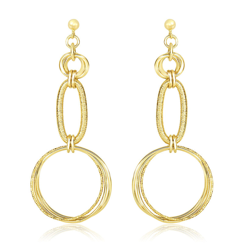 14K Yellow Gold Smooth and Textured Interlinked Oval & Circle Dangling Earrings