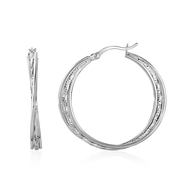 Polished and Textured Three-Part Twisted Hoop Earrings in Sterling Silver