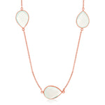 Sterling Silver Rose Gold Plated Teardrop Station Long Necklace with Aqua Chalcedony