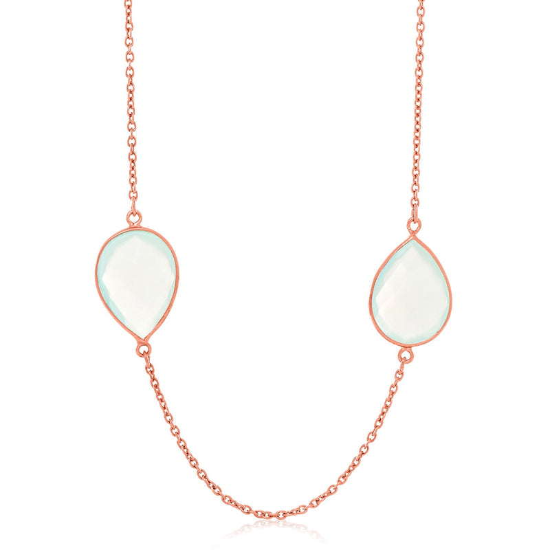 Sterling Silver Rose Gold Plated Teardrop Station Long Necklace with Aqua Chalcedony