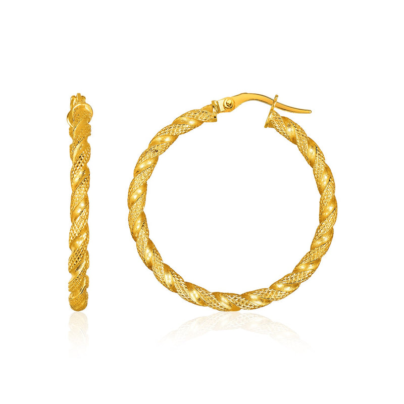 14K Yellow Gold Rope Textured Hoop Earrings