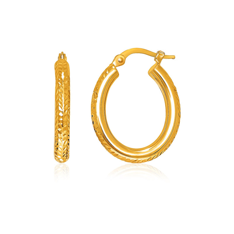 14K Yellow Gold Diamond Cut Textured Oval Hoop Earrings.