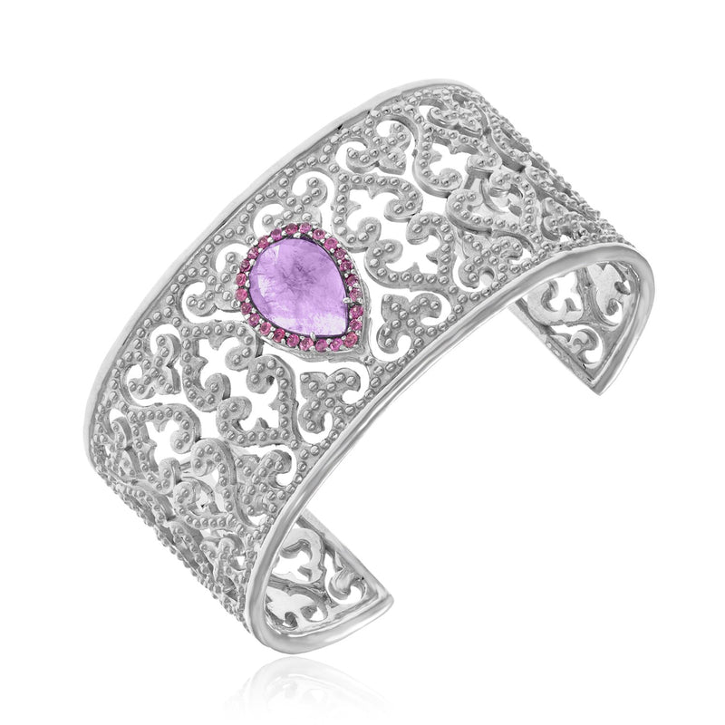 Sterling Silver Byzantine Style Cuff with Amethyst and Pink Sapphires