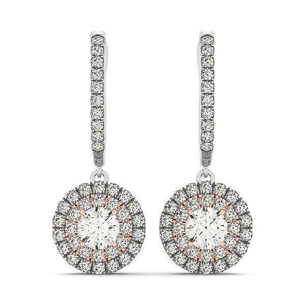 14K White And Rose Gold Drop Diamond Earrings with a Double Round Halo Design (3/4 ct. tw.)