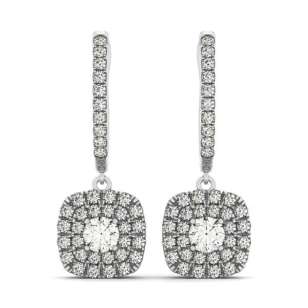 Double Halo Style Cushion Outer Shaped Diamond Drop Earrings in 14K White Gold (3/4 ct. tw.)