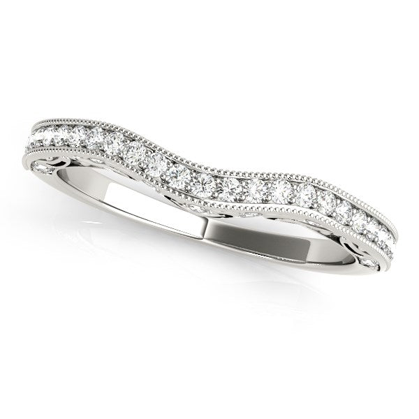 14K White Gold Milgrained Pave Set Curved Diamond Wedding Band (1/5 ct. tw.)