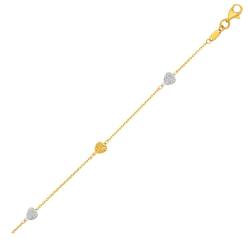 14K Two-Toned Yellow and White Gold Anklet with Textured Hearts