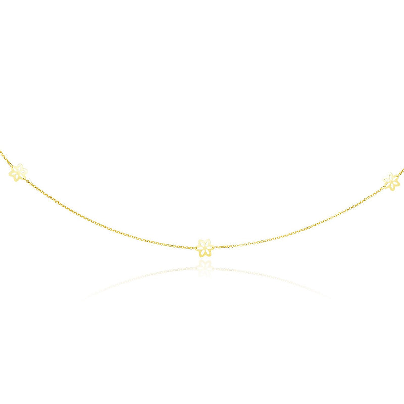 14K Yellow Gold Long Cable Chain Necklace with Floral Stations