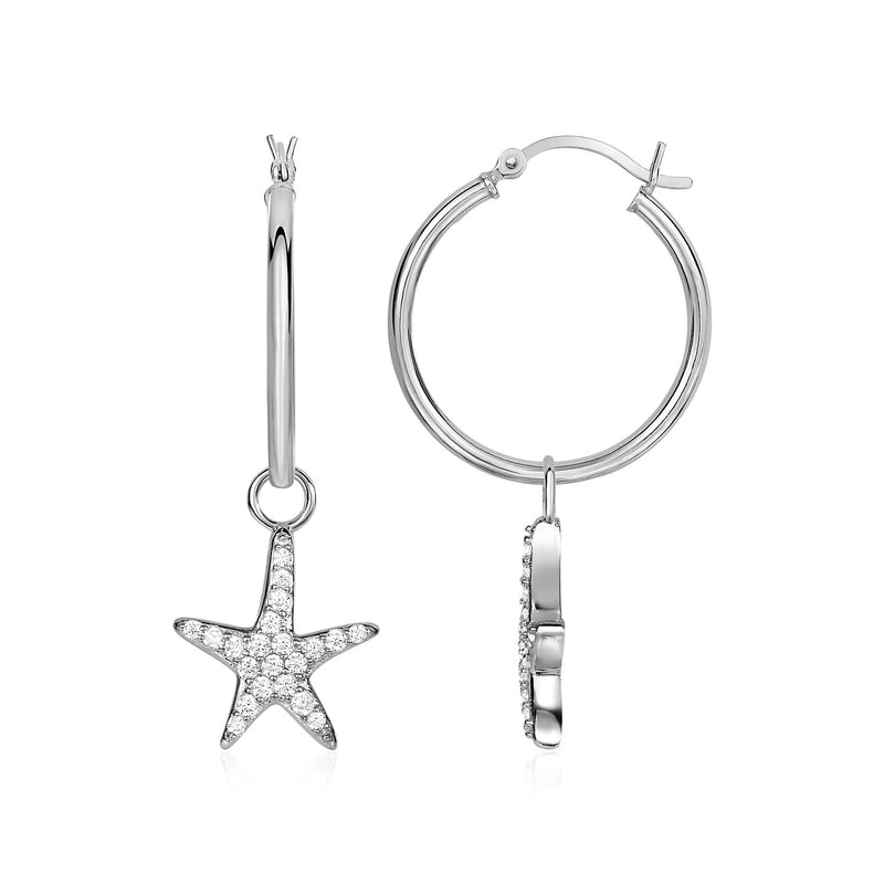 Hoop Earrings with Starfish Charm in White Cubic Zirconias and Sterling Silver