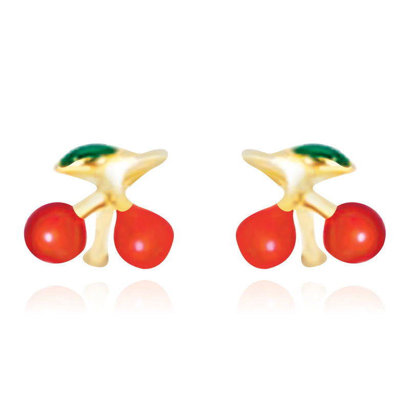 14K Yellow Gold Post Earrings with Cherry Design