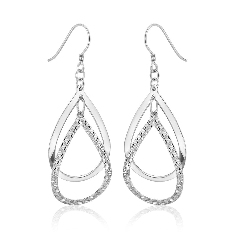 Sterling Silver Open Teardrop Dual Smooth and Textured Dangling Earrings