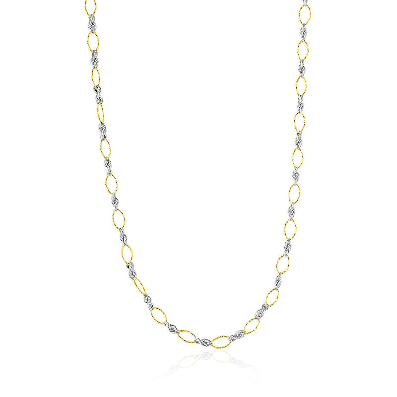 14K Two-Tone Gold Necklace with Alternate Textured Oval and Rope Design Links