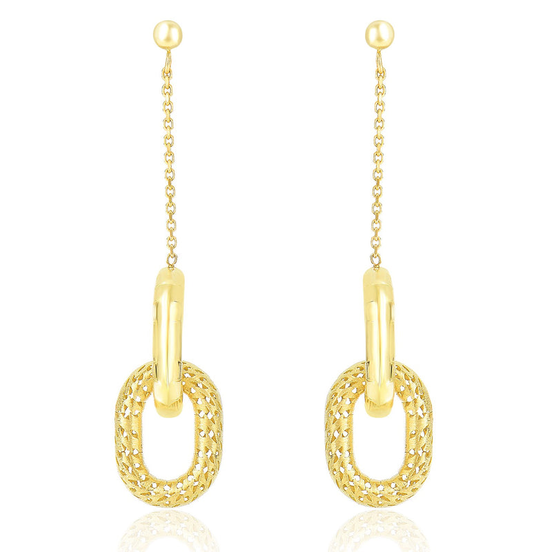 14K Yellow Gold Chain and Oval Motif Weave Style Dangling Earrings