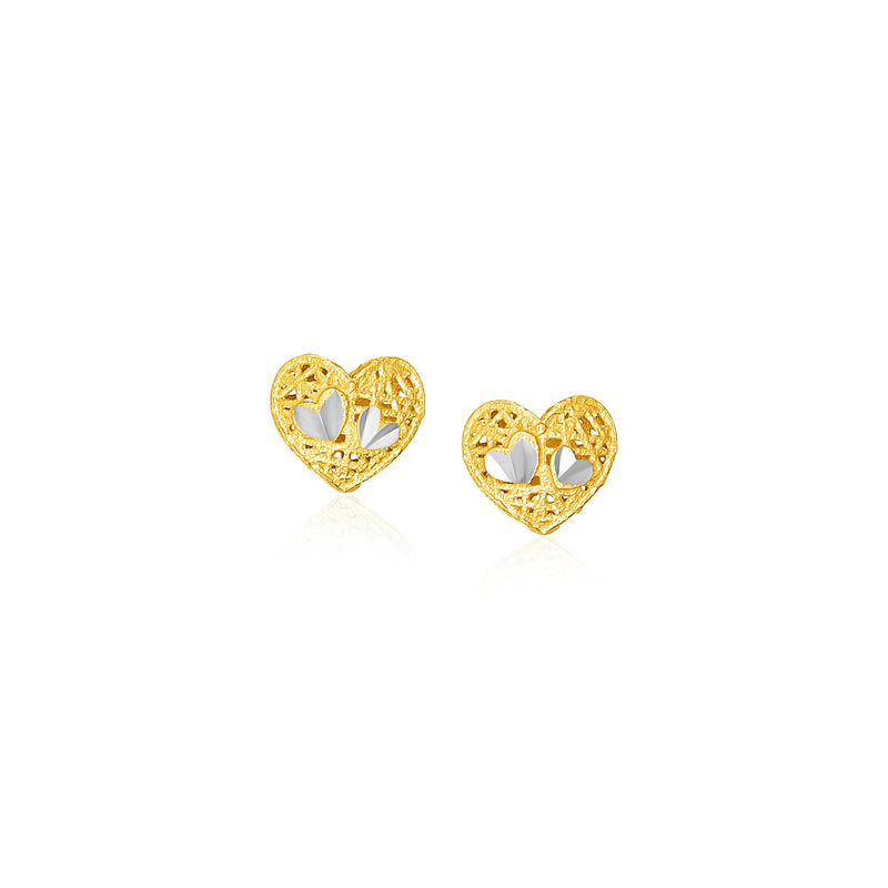 Filigree Style Heart Post Earrings in 14K Yellow Gold