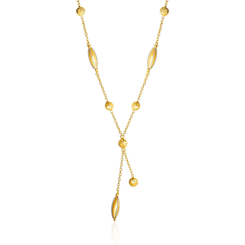 14K Two Tone Gold Necklace with Marquise Motifs and Textured Circles