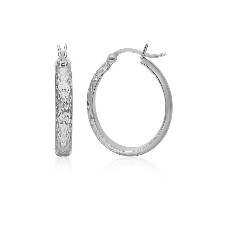 14K White Gold Hammered Oval Hoop Earrings