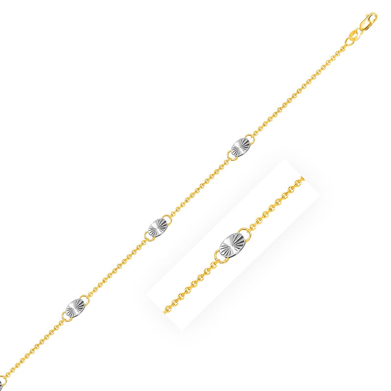 14K Two-Tone Gold Cable Chain Anklet with Diamond Cut Oval Stations