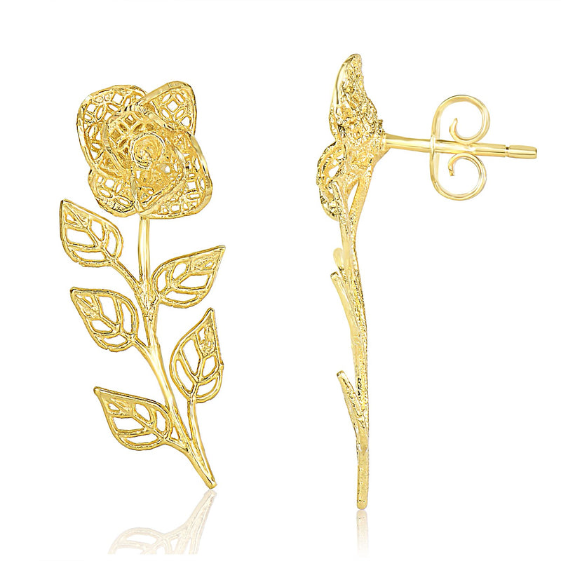 14K Yellow Gold Floral with Leaves Filigree Style Earrings