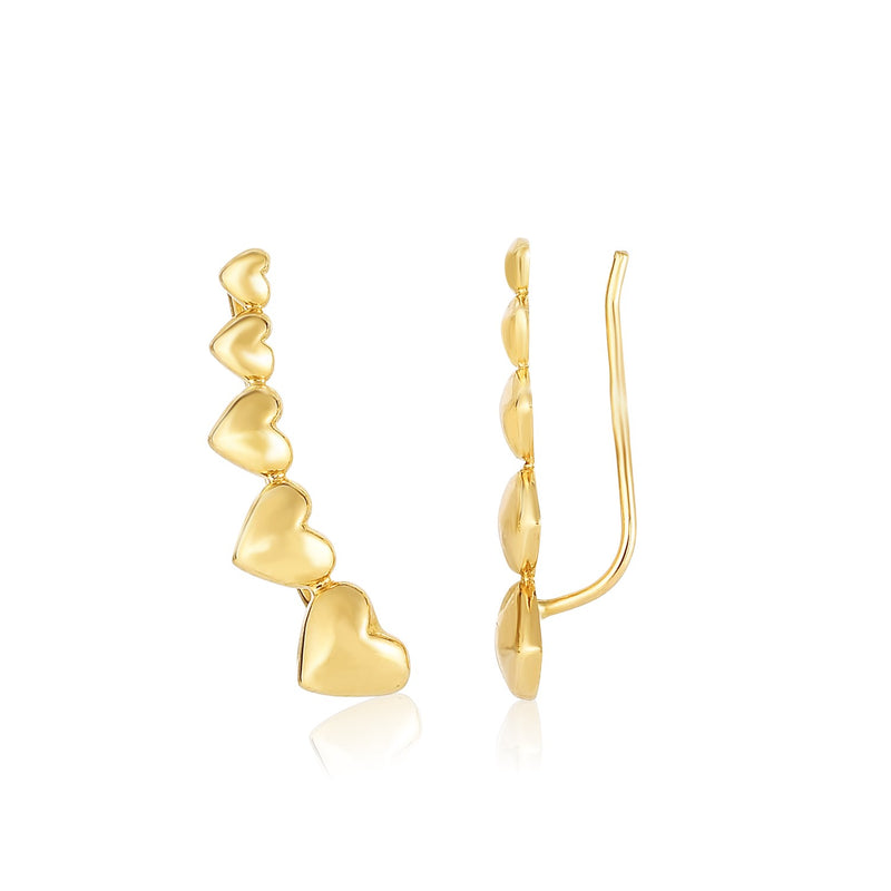 14K Yellow Gold Graduated Heart Climber Style Stud Earrings